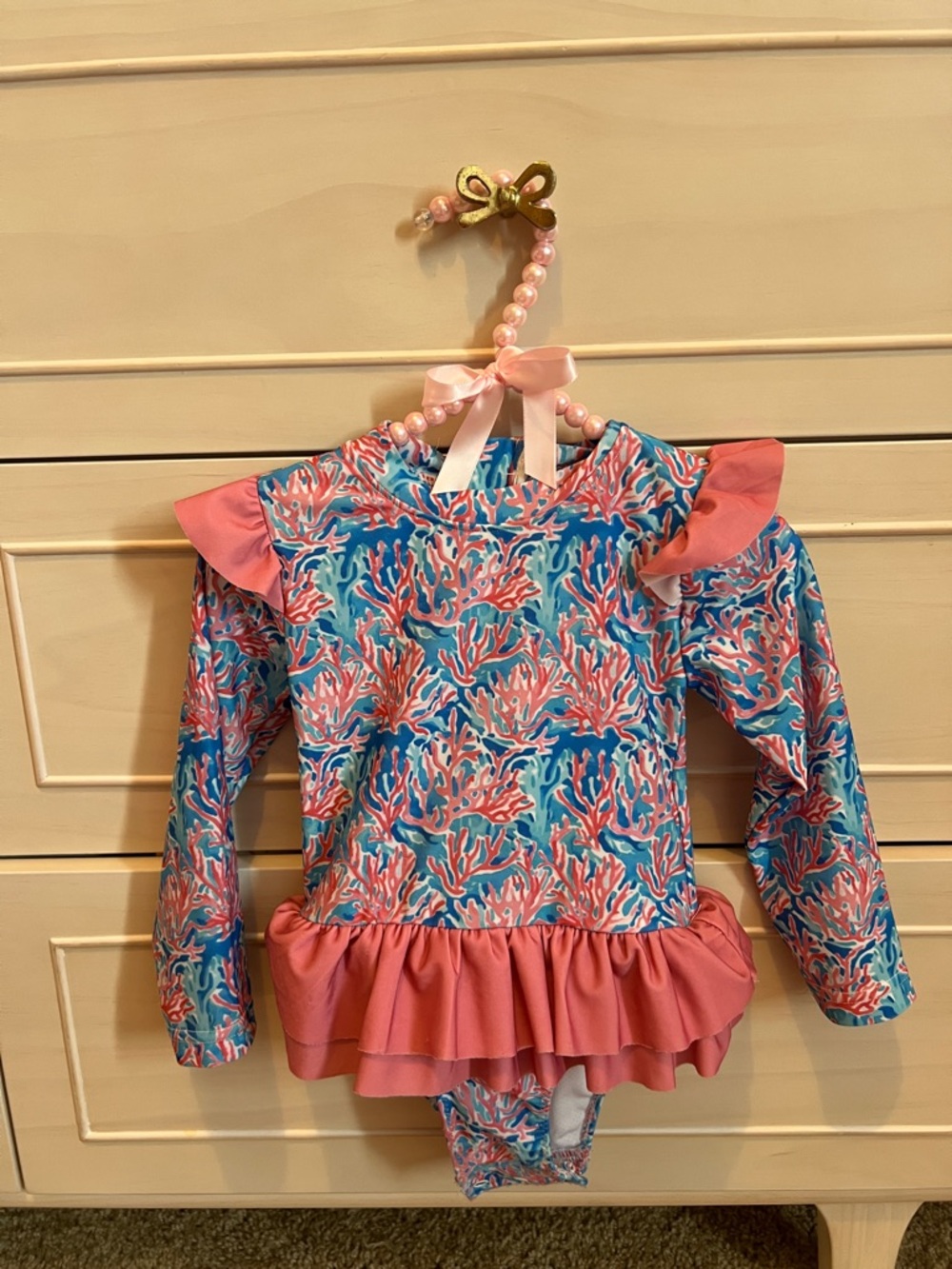 Girls' Pink & Blue Coral-Print Long Sleeve One-Piece Swimsuit by